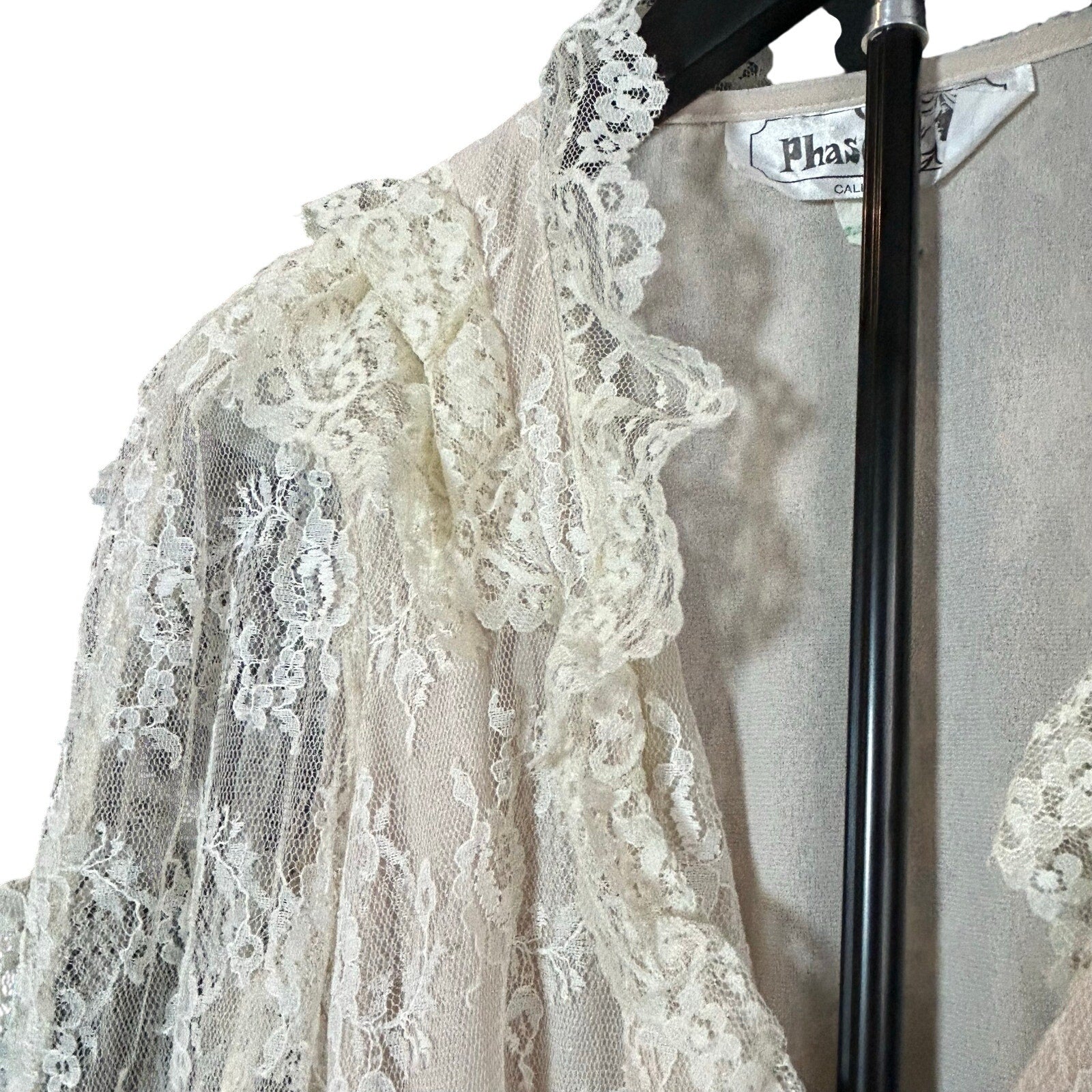 VTG 70s Phase II California Lace Ruffle Maxi Dress Cream Size 6 Victorian Pearl