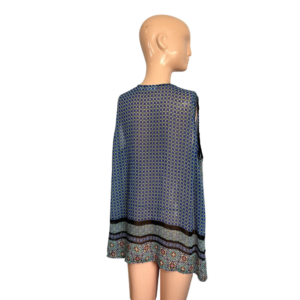 Liz Claiborne XL Blue Green Chiffon Sleeveless V-Neck Blouse Boho Top Maximalist