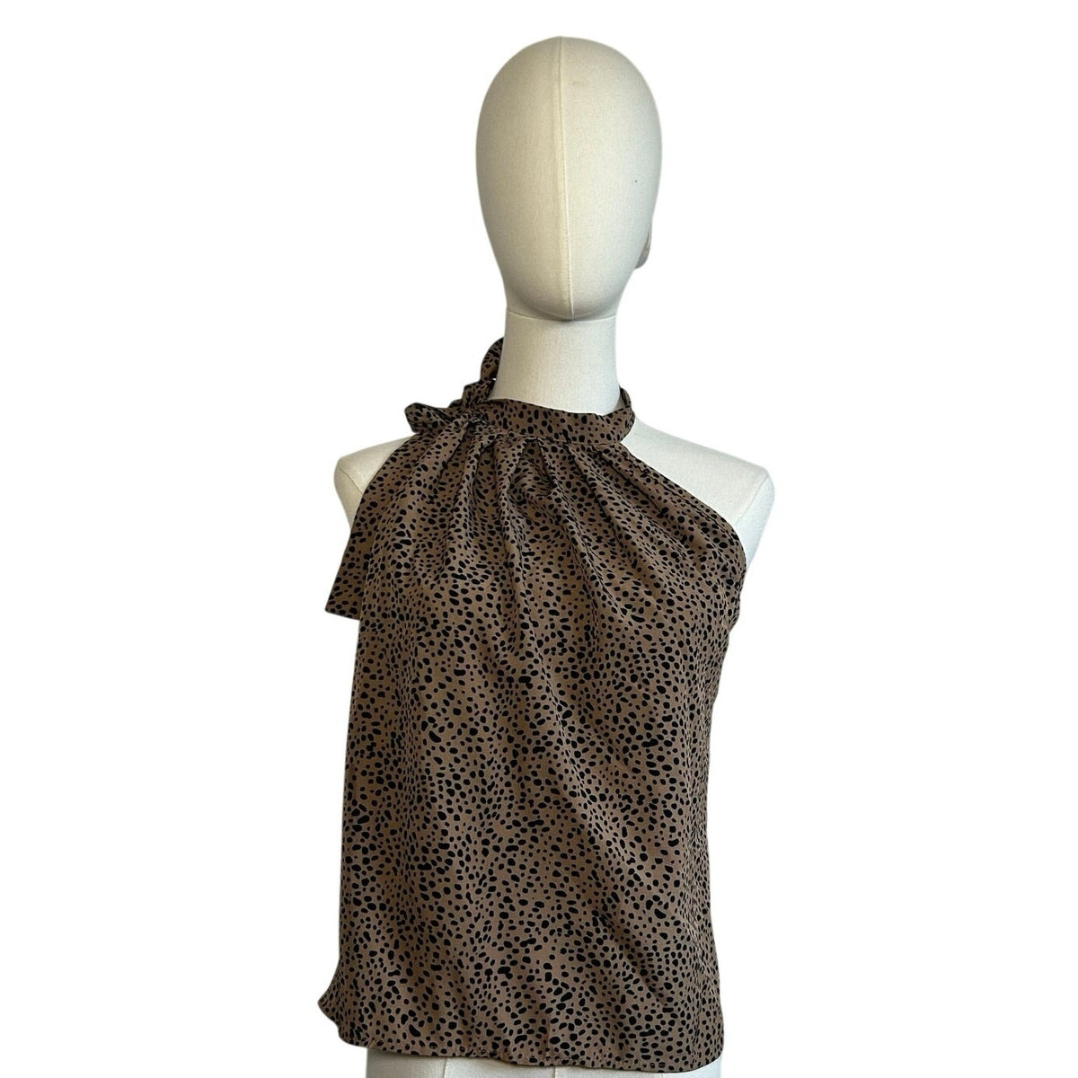 Brown Leopard Print S Top Pussy Bow Halter Neckline Y2K Boho Preppy Office Siren