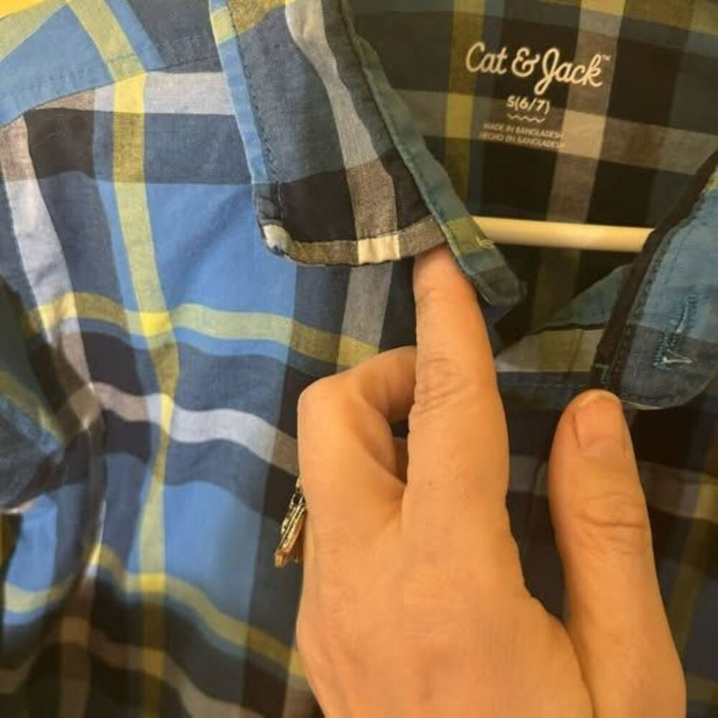 Cat & Jack Boys Blue Green Plaid Shirt Size 6/7 Long Sleeve FLAW
