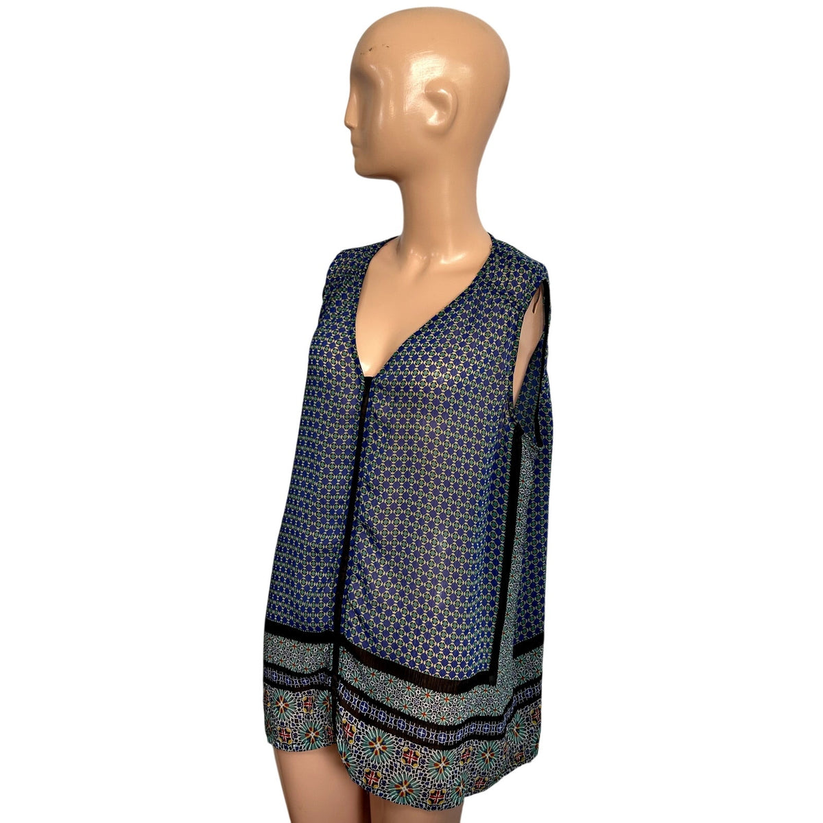Liz Claiborne XL Blue Green Chiffon Sleeveless V-Neck Blouse Boho Top Maximalist