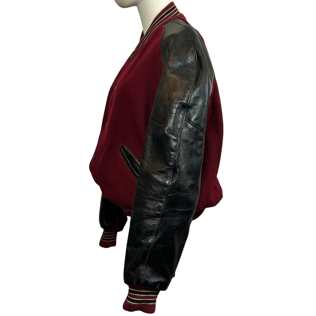 VTG 80s DeLong Archival Varsity Letter Jacket Maroon Black Leather 42 Grunge
