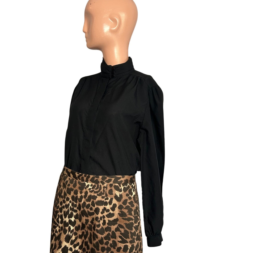 VTG 80s Laura Mae Black Mock Neck L Button Down Pleated Top Dark Academia