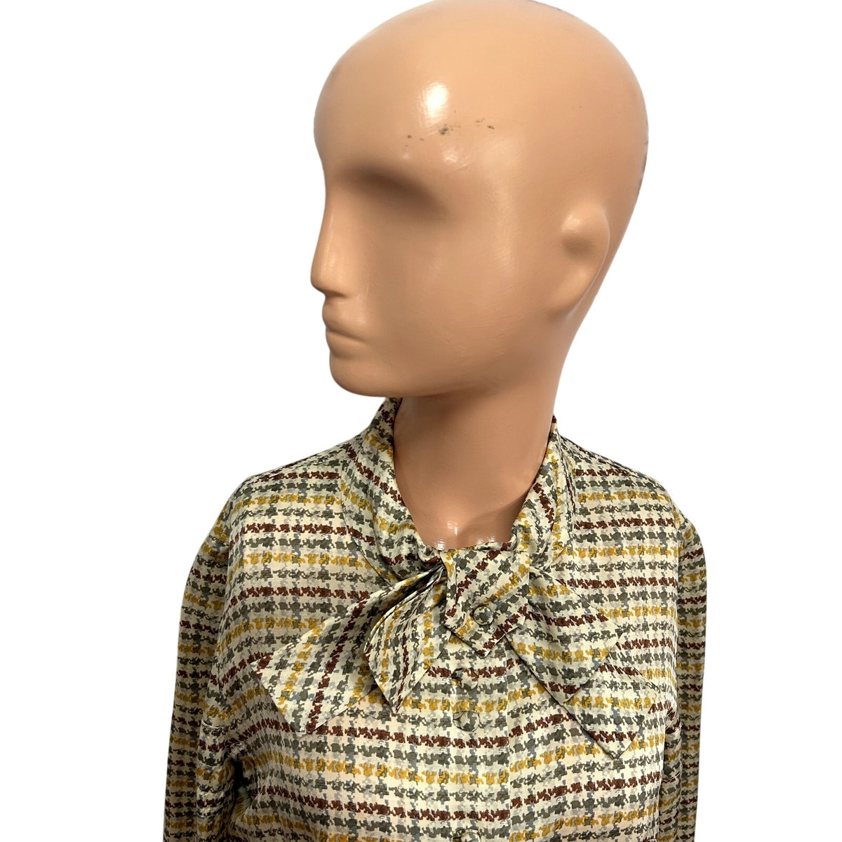 VTG 70s Sir Norman Hartnell M Tan Silk Houndstooth Pussy Bow Couture Blouse