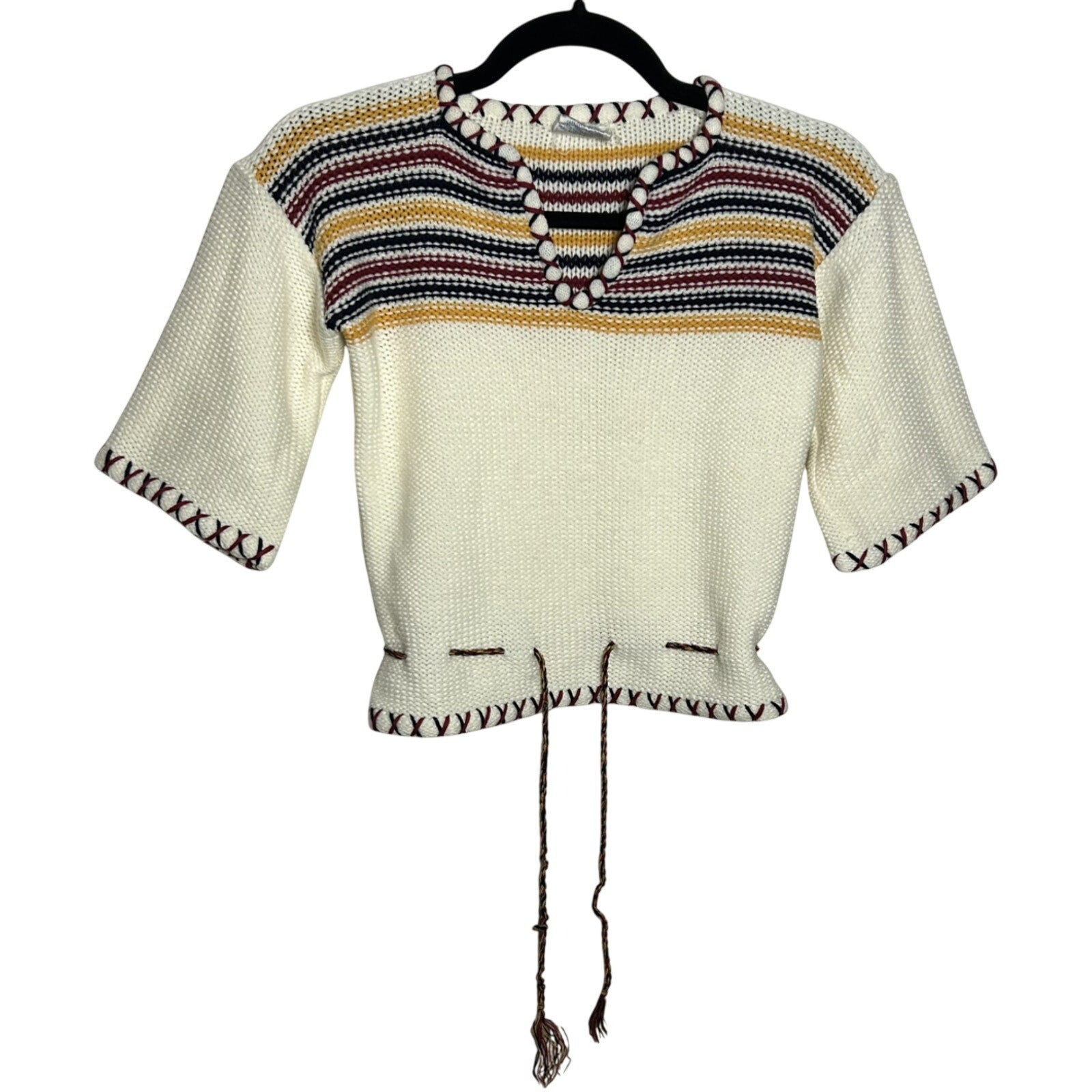 VTG F.A.I. Ivory Knit Striped Drawstring Sweater Boho Whimsygoth S Retro Preppy