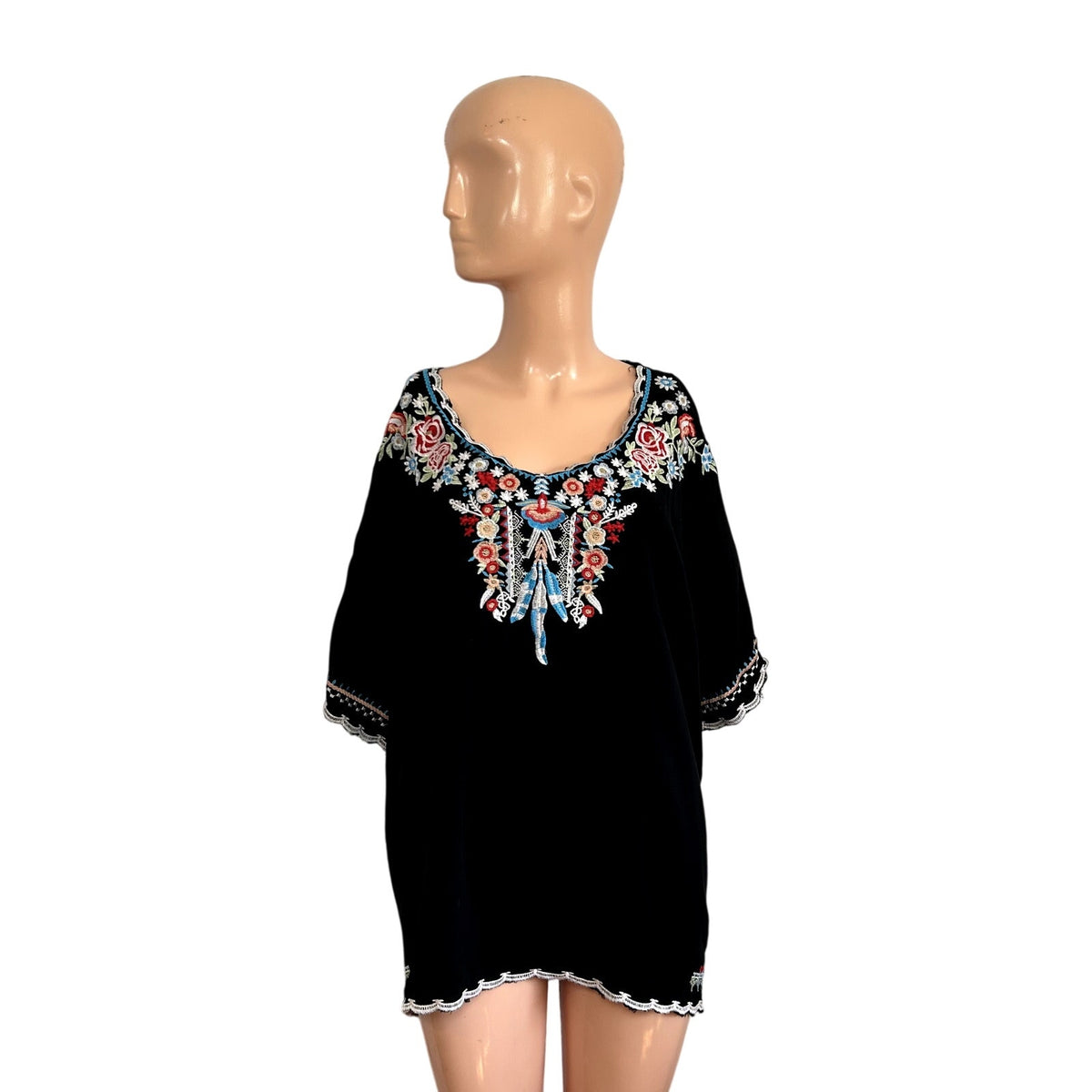 Black Southwestern Embroidered XL Rayon Batwing Blouse Top Boho Peasant Western