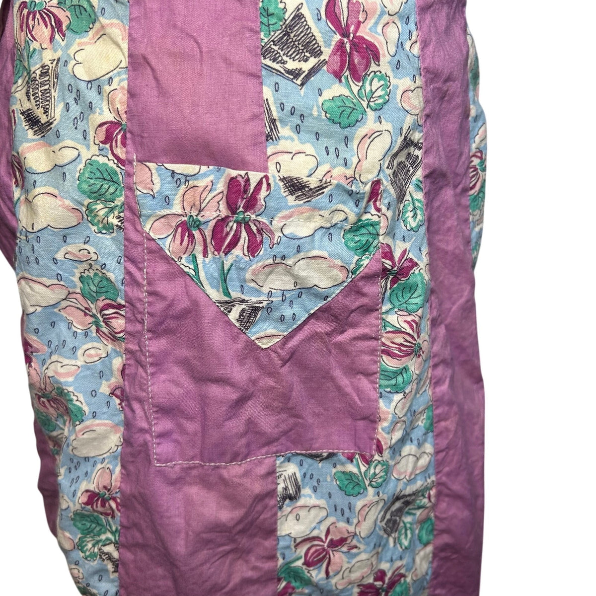 VTG 50s Purple Floral Print Half Apron Cottagecore Retro Twee Cotton Mod Pocket