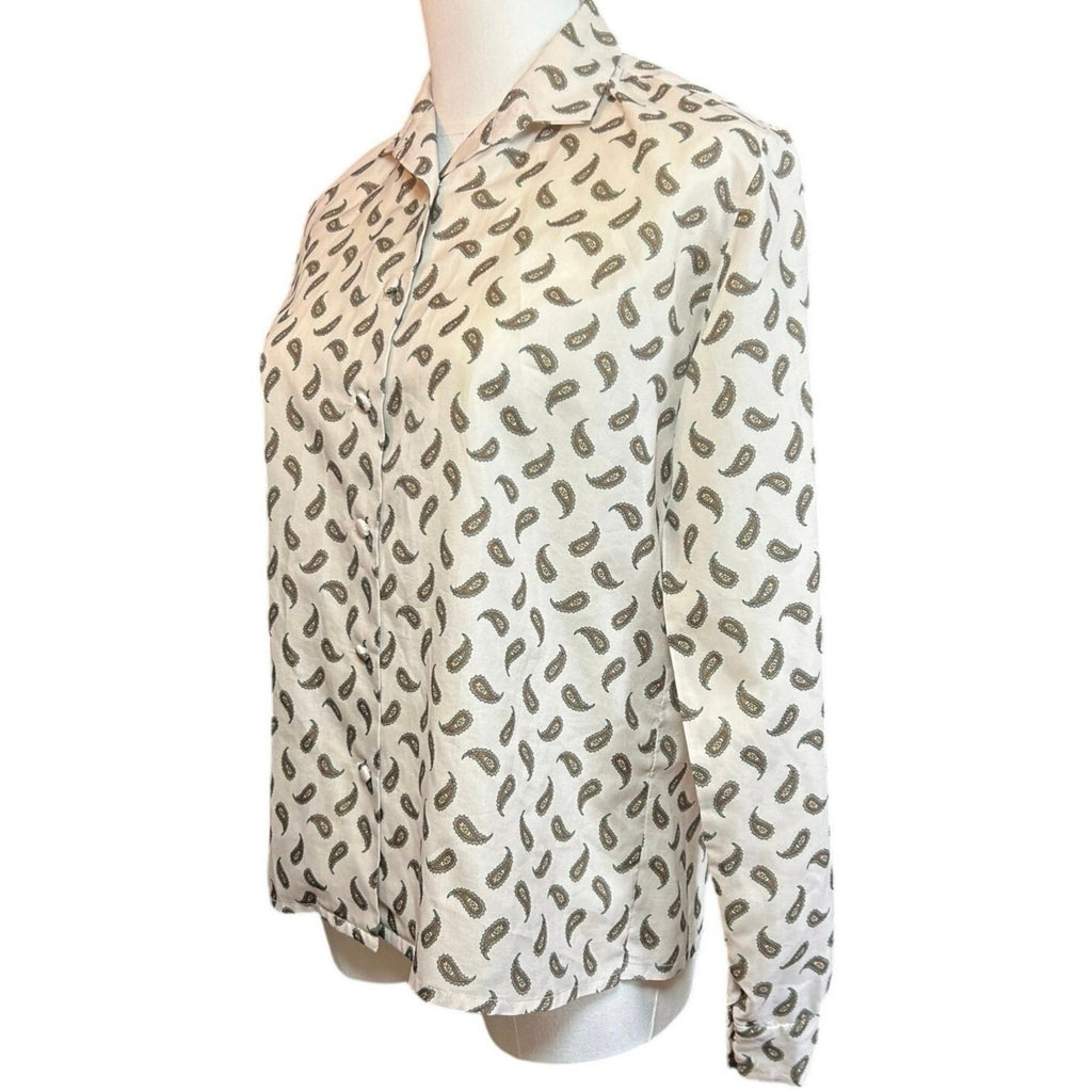 VTG 90s Handmade White Green Paisley Print Top Cloth Buttons Whimsigoth Boho