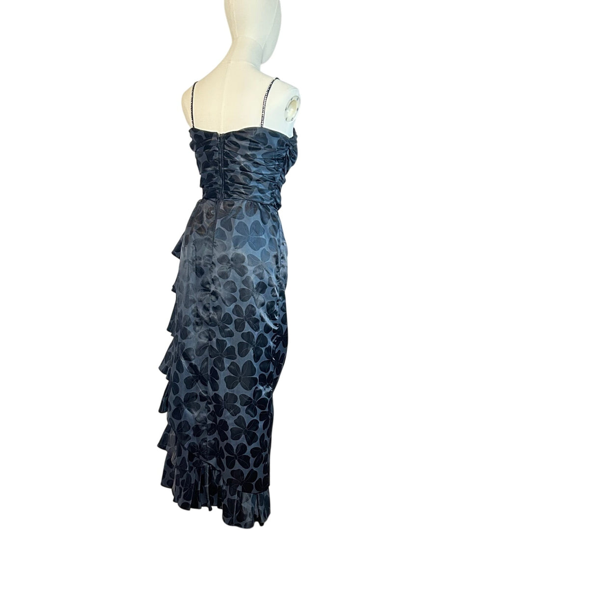 VTG 80s Black Floral Jacquard Prom Gown 2 Romantic Feminine Goth Glam Coquette