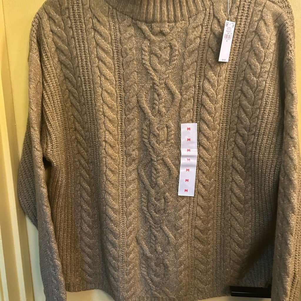 NWT Old Navy SoSoft Cable Knit Sweater Medium Mustard Green Mock Neck Fisherman