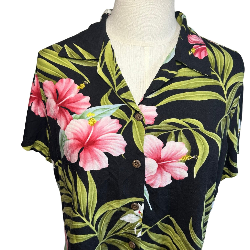 VTG 90s Puanani Hawaiian Shirt Black Floral Medium Tropical Boho Casual Indie