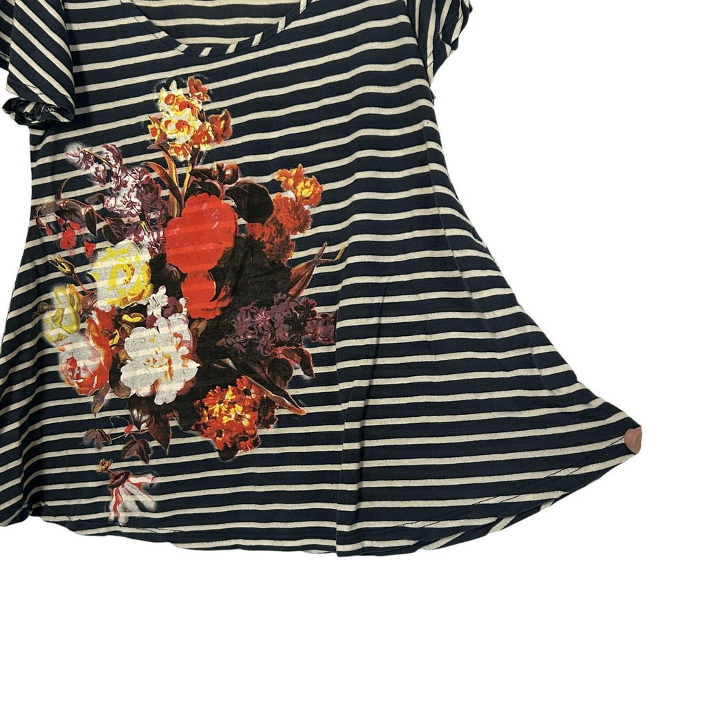 Forever 21 Navy White Striped Floral Graphic Tee Modal Blend Soft Casual Medium