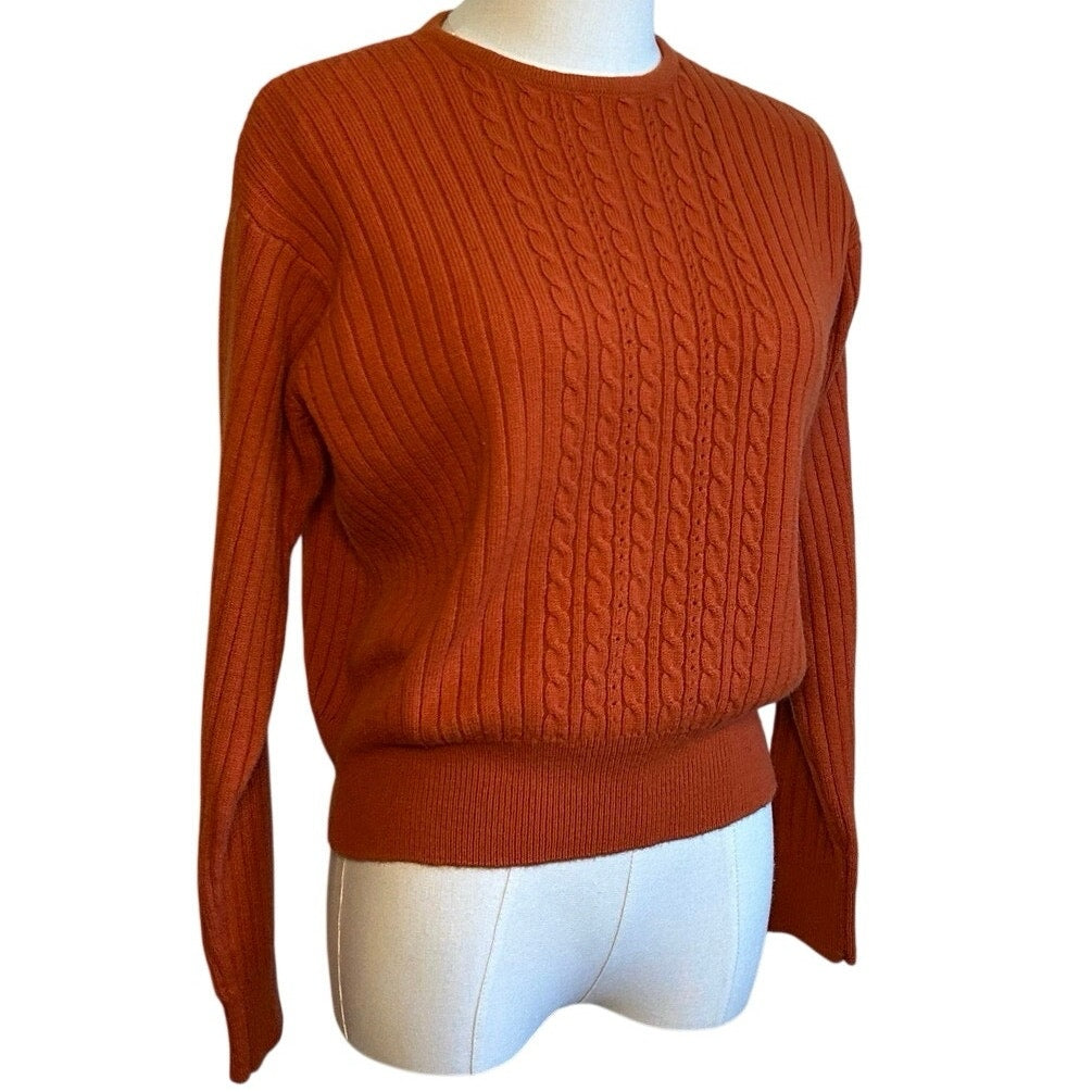 VTG 70s Liz Claiborne Orange Wool Crewneck Pullover Sweater M Cable Knit Cottage