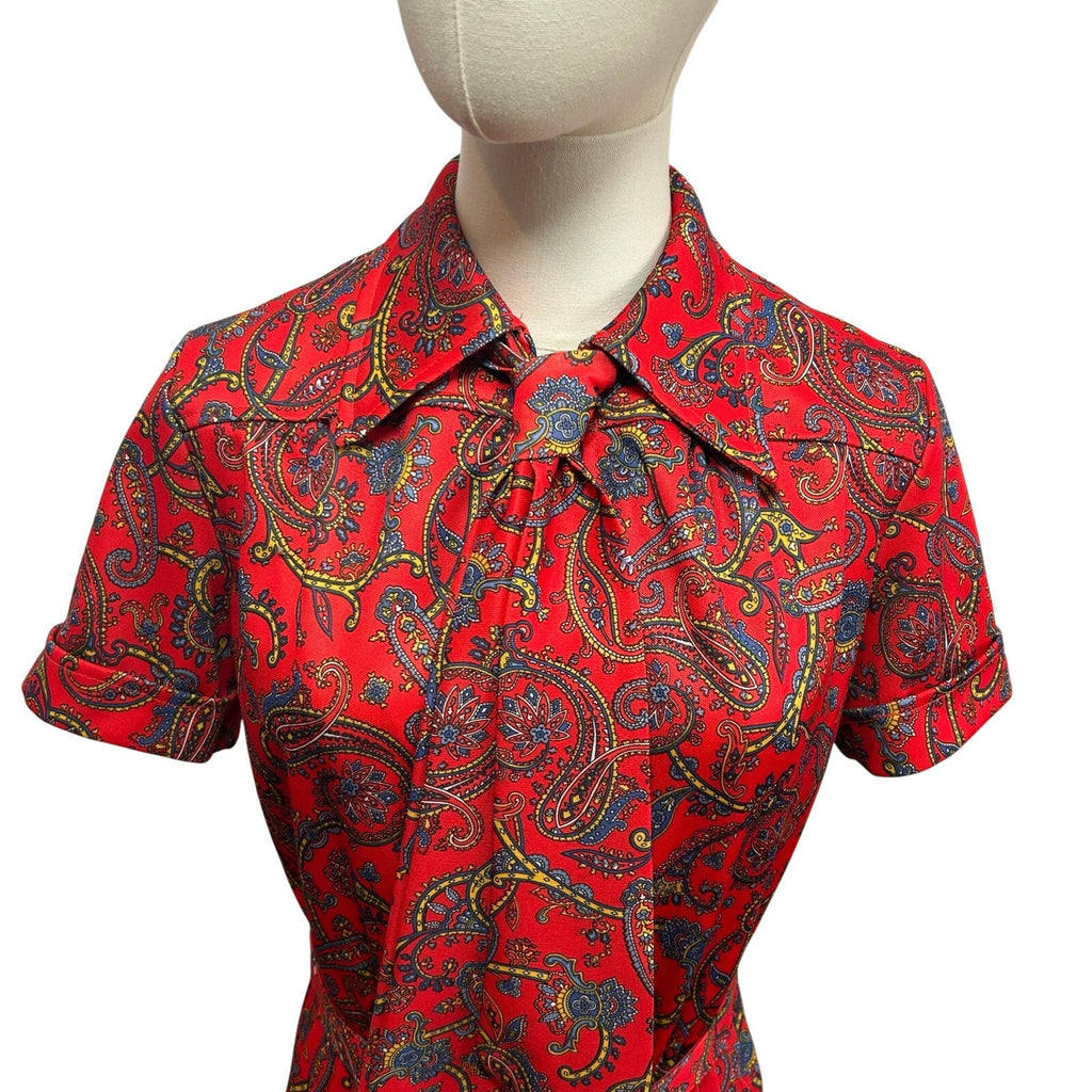 VTG 70s Red Paisley Dagger Collar Midi Dress with Matching Belt M Whimsygoth