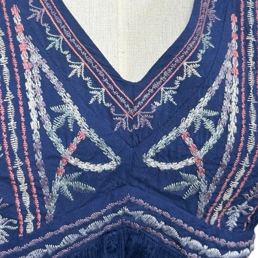 Knox Rose S Blue Embroidered Peasant Top Boho Casual Cottage Indie Twee Festival