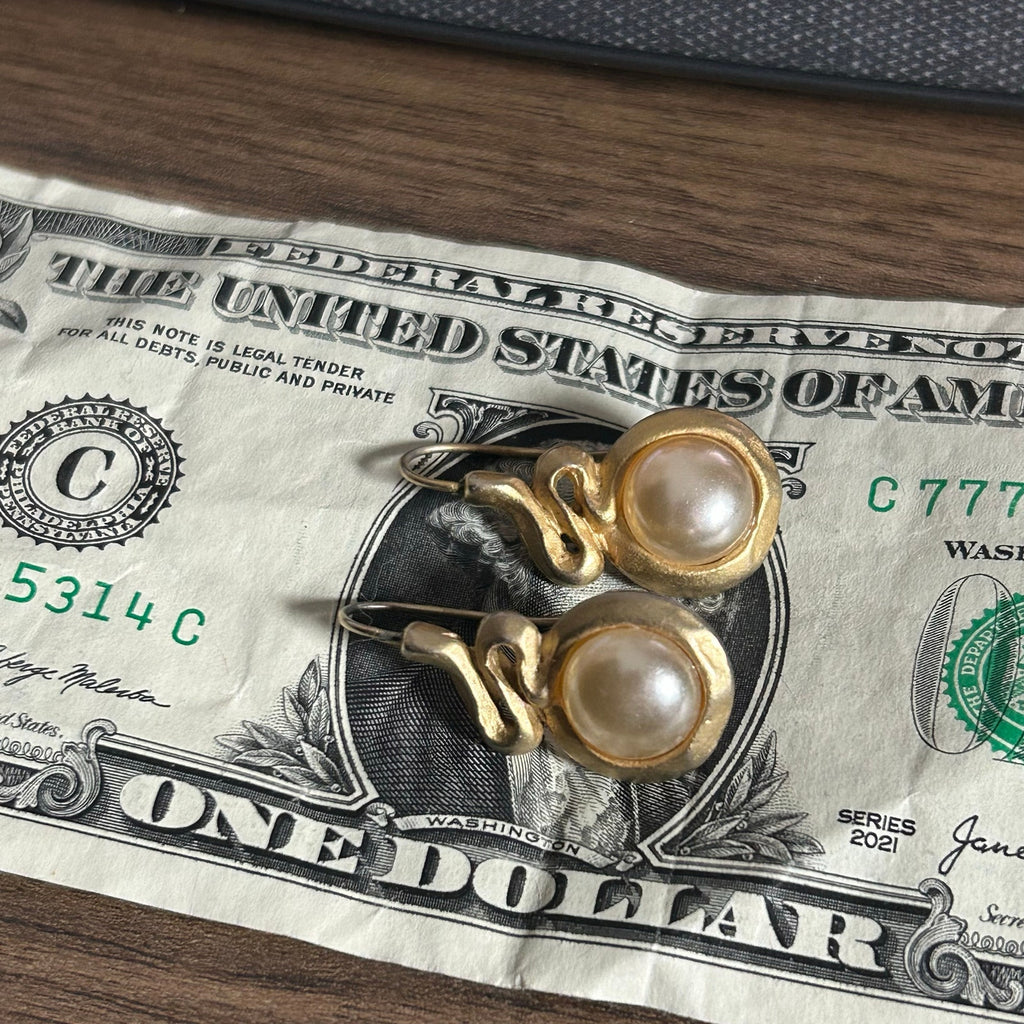 VTG 90s The Limited Gold Sculptural S-Curve Faux Pearl Drop Earrings Whimsigoth