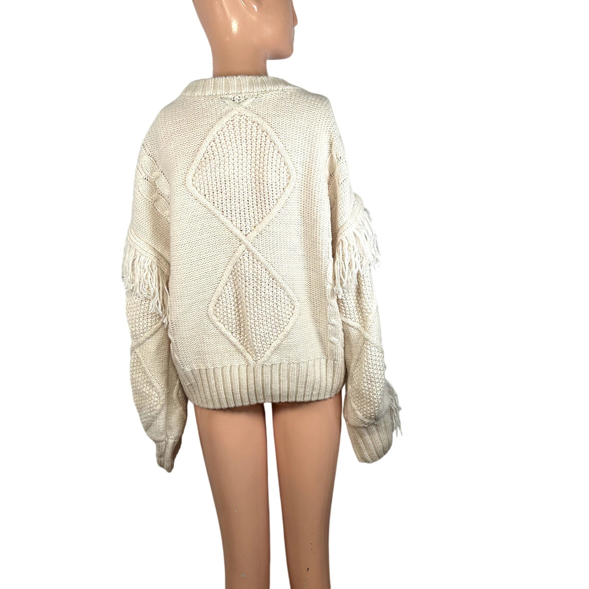 SugarLips M White Knit Fair Isle Fringe Fisherman Sweater Boho Chic Cottage