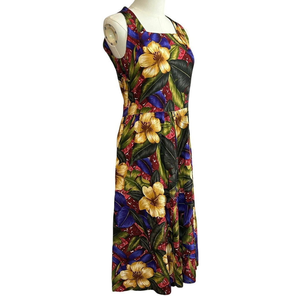 VTG 90s Positive Attitude Tropical Hibiscus Rayon Midi Dress Pockets Size 14