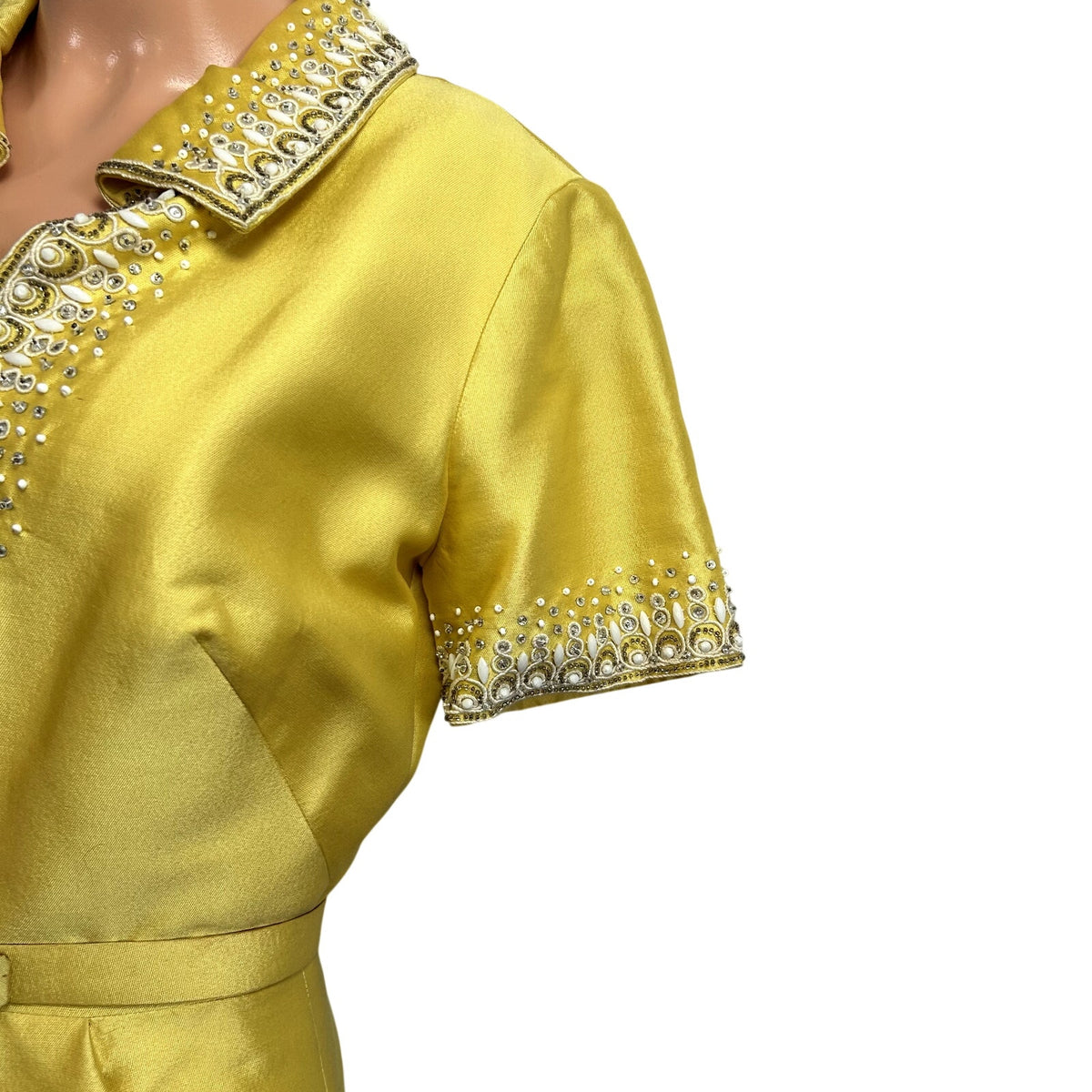 VTG 60s Sir Norman Hartnell S Yellow Beaded Wool Silk Couture Regency Midi Dress