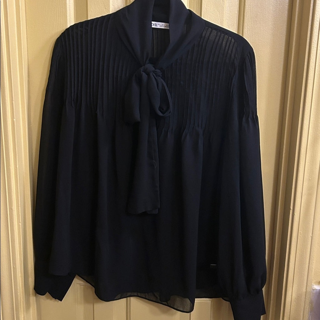 Zara Pleated Tie Neck Blouse Black Sheer Chiffon Pussy Bow Shirt Woman Large L