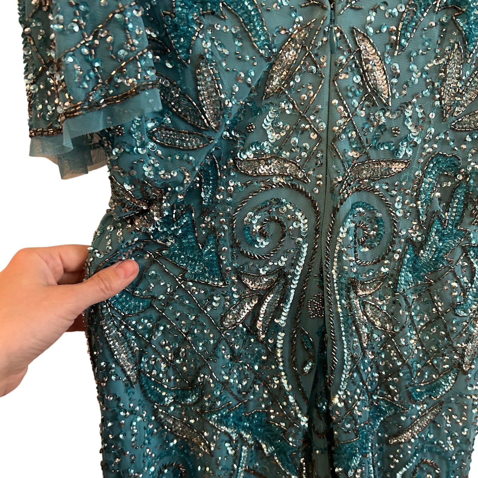 VTG Aidan Mattox Teal Silver Beaded Sequin Cold Shoulder Mini Cocktail Dress 2