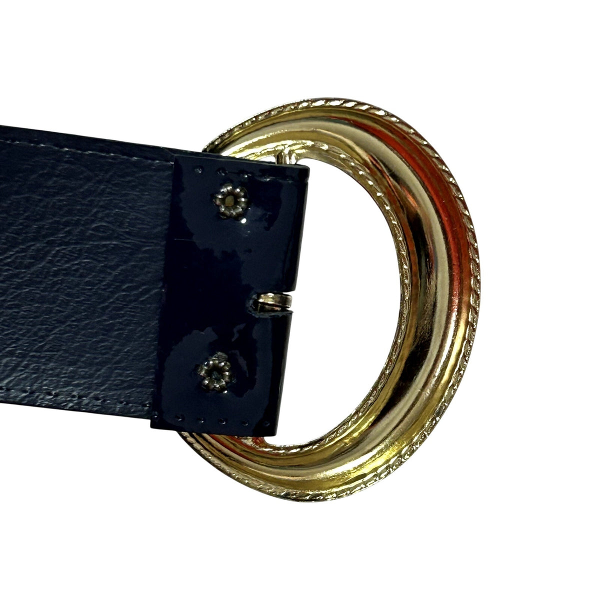 VTG 80s Glam Blue Belt Gold Crescent Buckle Patent Leather Retro Office Siren