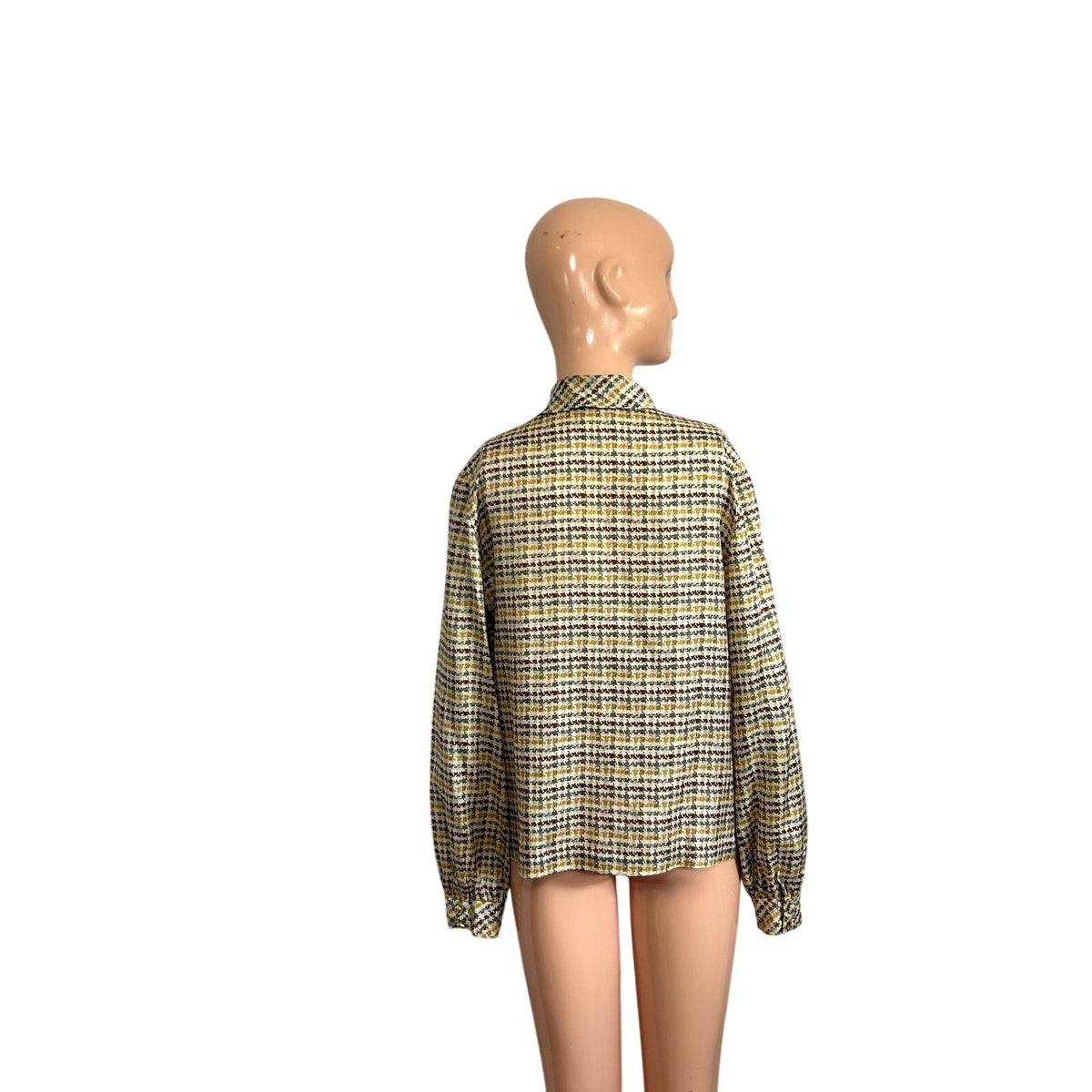 VTG 70s Sir Norman Hartnell M Tan Silk Houndstooth Pussy Bow Couture Blouse