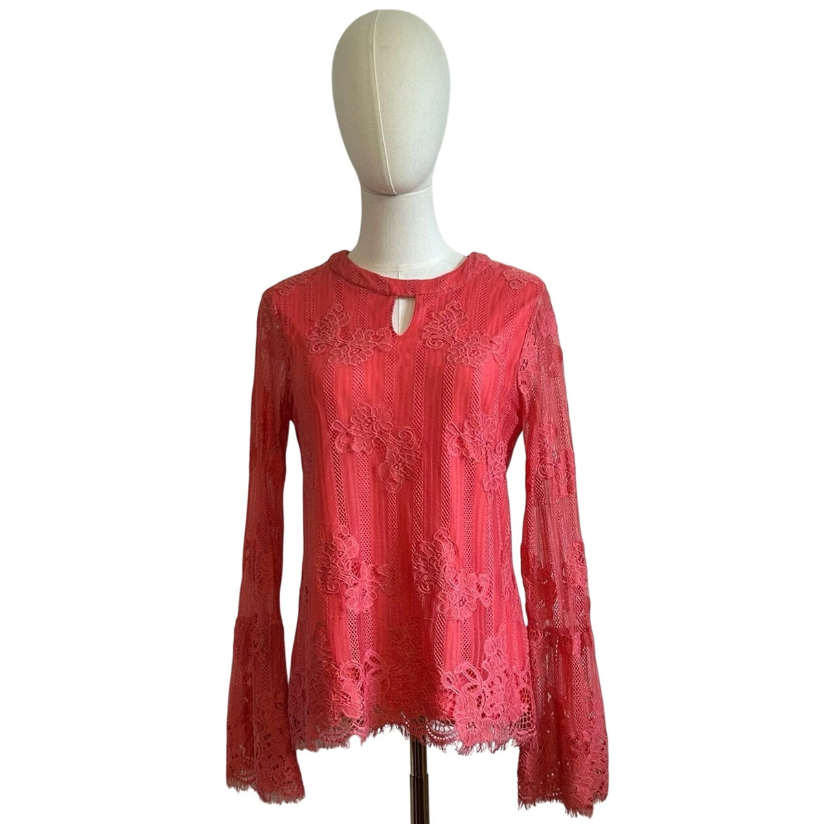 Ultra Pink Floral Lace Top Sheer Bell Sleeves M Coquette Fairy Gypsy Feminine