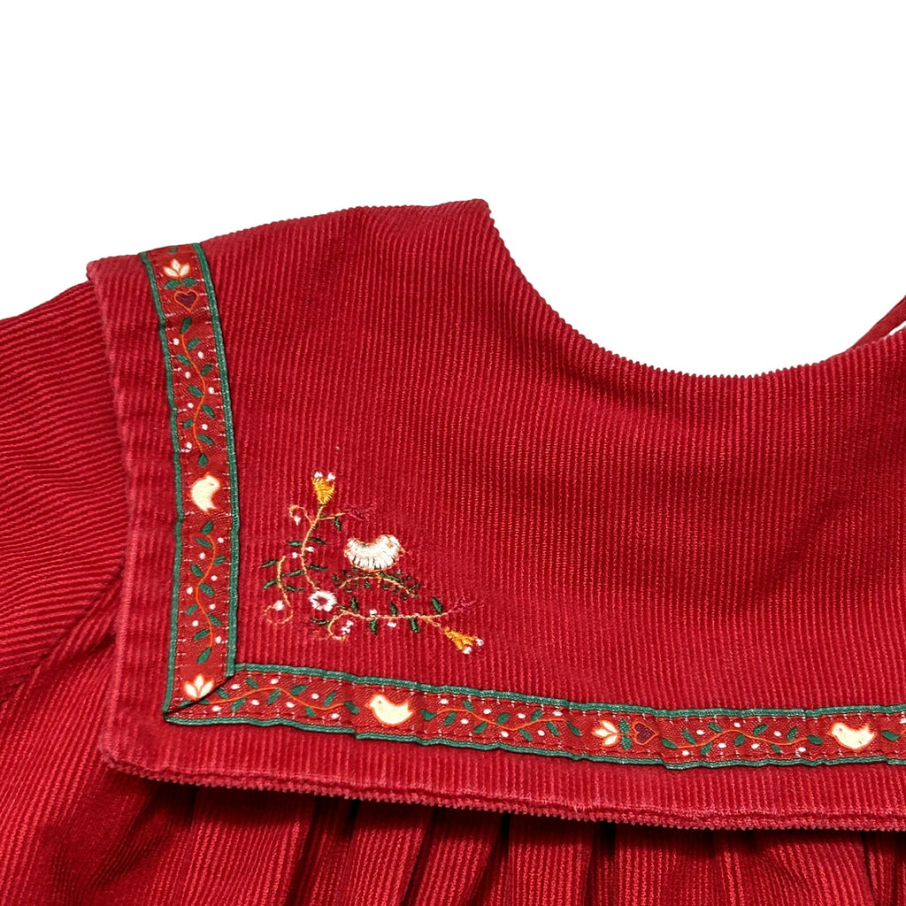 VTG 90s Jacadi Paris 3T Red Corduroy Sailor Collar Birdhouse Dress Embroidered