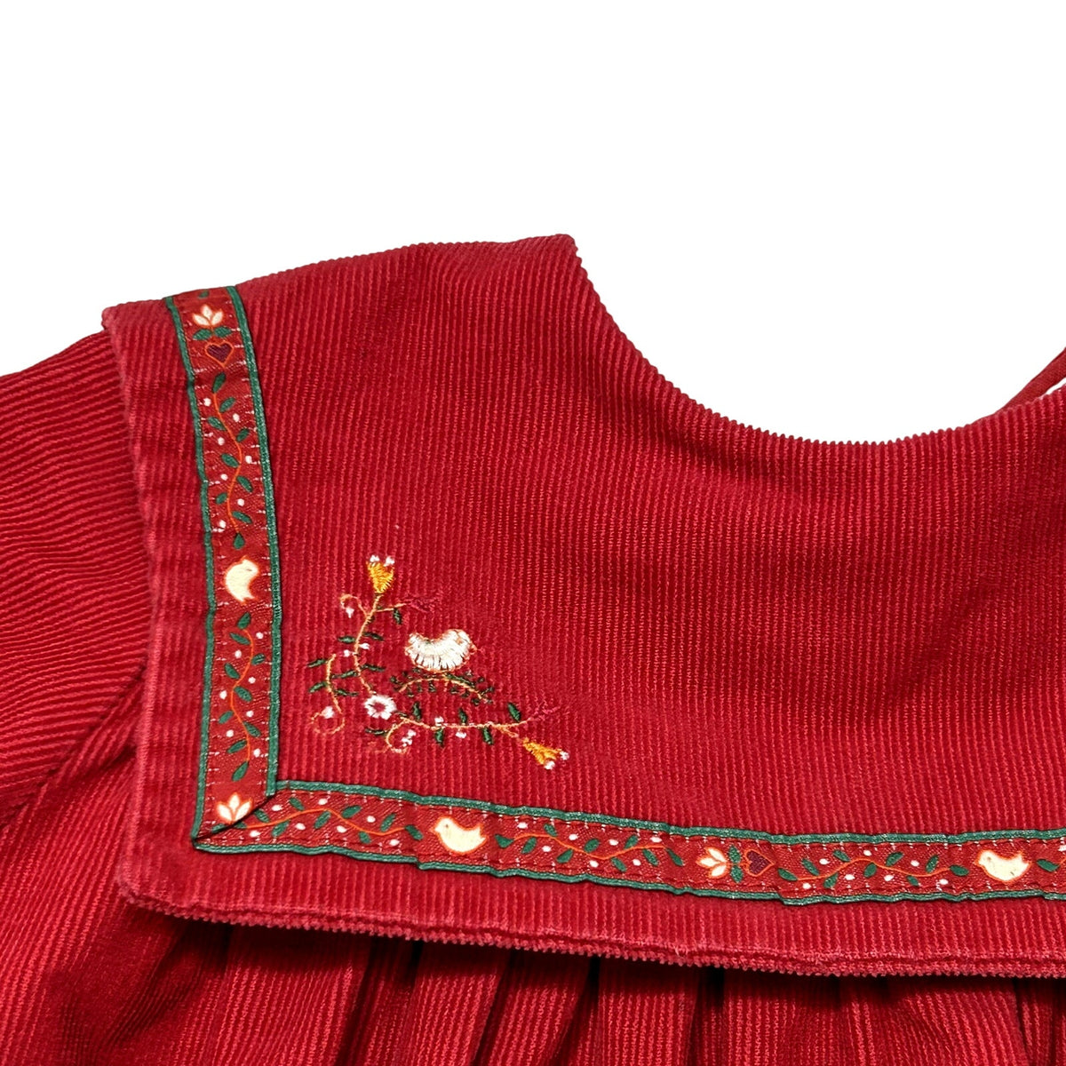 VTG 90s Jacadi Paris 3T Red Corduroy Sailor Collar Birdhouse Dress Embroidered