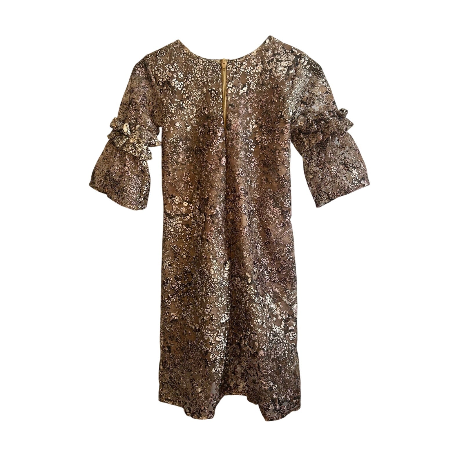 VTG 60s Metallic Floral Lace Dress Bell Sleeve Girls 12 14 or Women XXS Gold