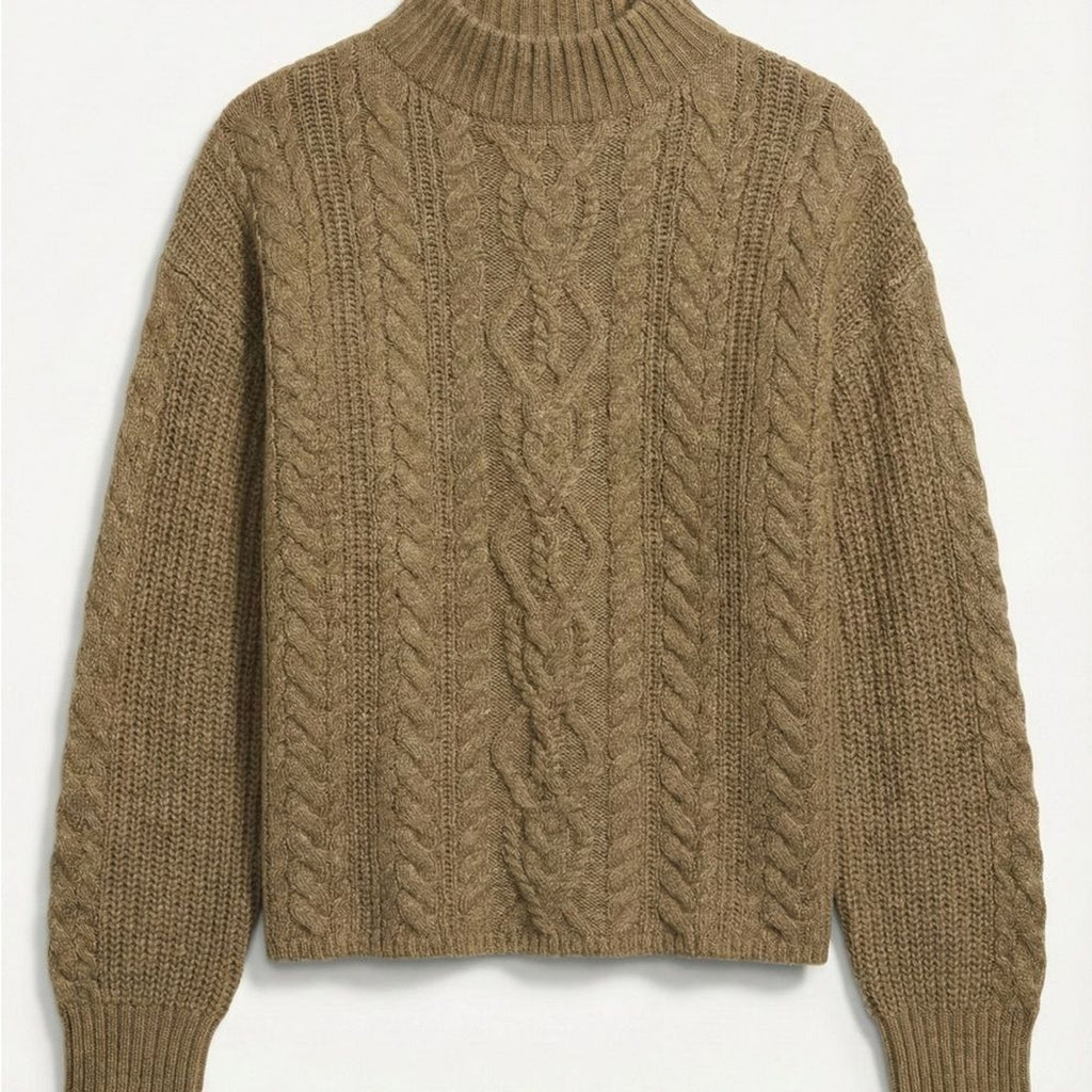 NWT Old Navy SoSoft Cable Knit Sweater Medium Mustard Green Mock Neck Fisherman