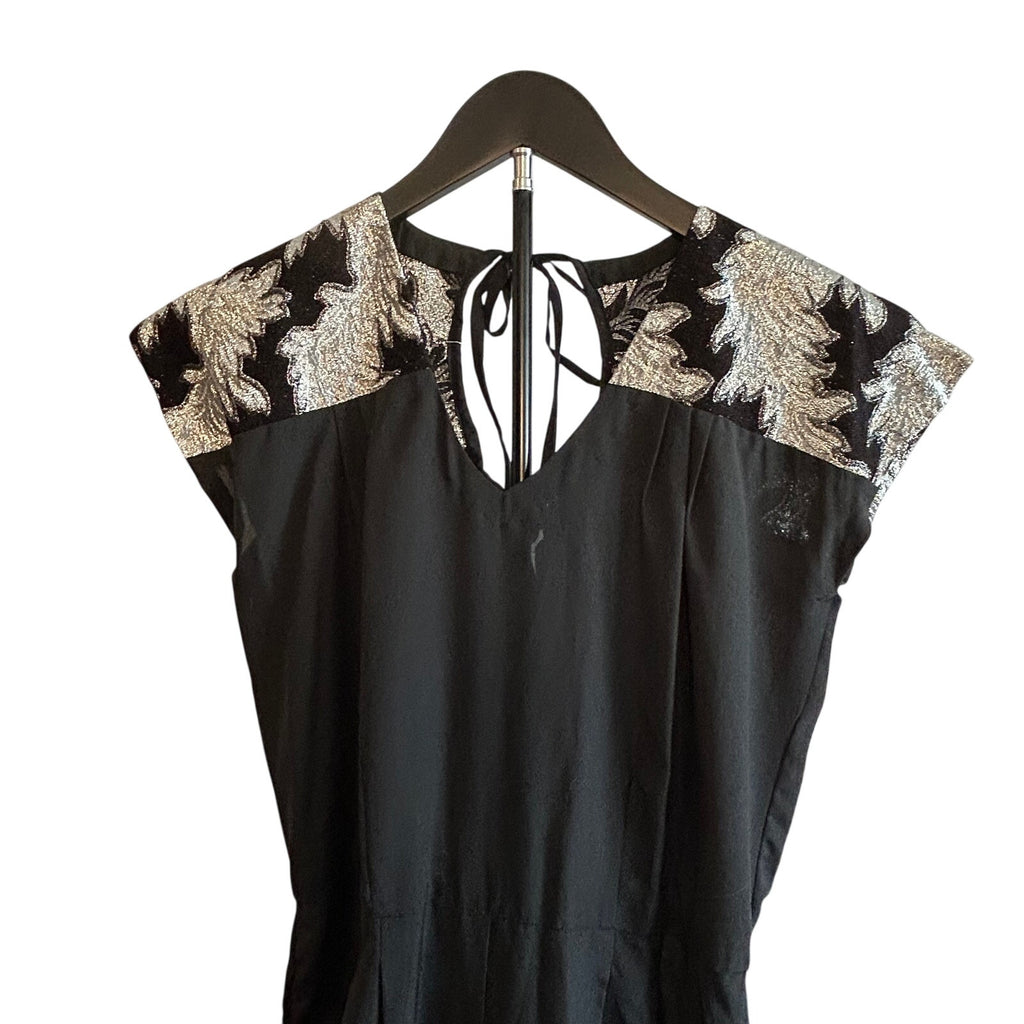 VTG Silver Black Metallic Leaf Brocade Jumpsuit and Matching Cropped Jacket Set