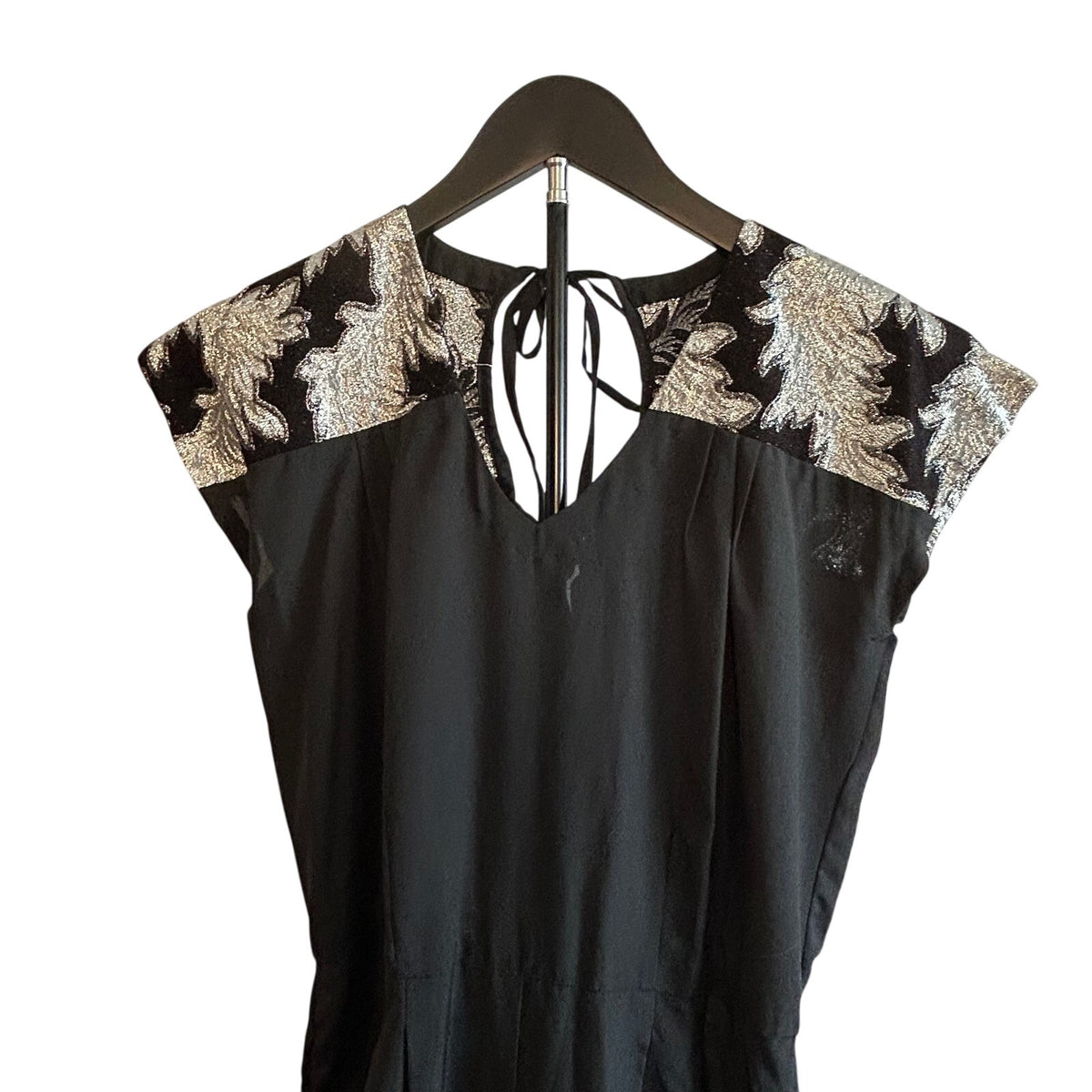 VTG Silver Black Metallic Leaf Brocade Jumpsuit and Matching Cropped Jacket Set