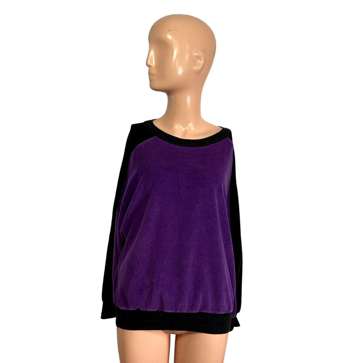 VTG 80s Como Sport M Purple Black Velour Top Colorblock Batwing Casual Retro