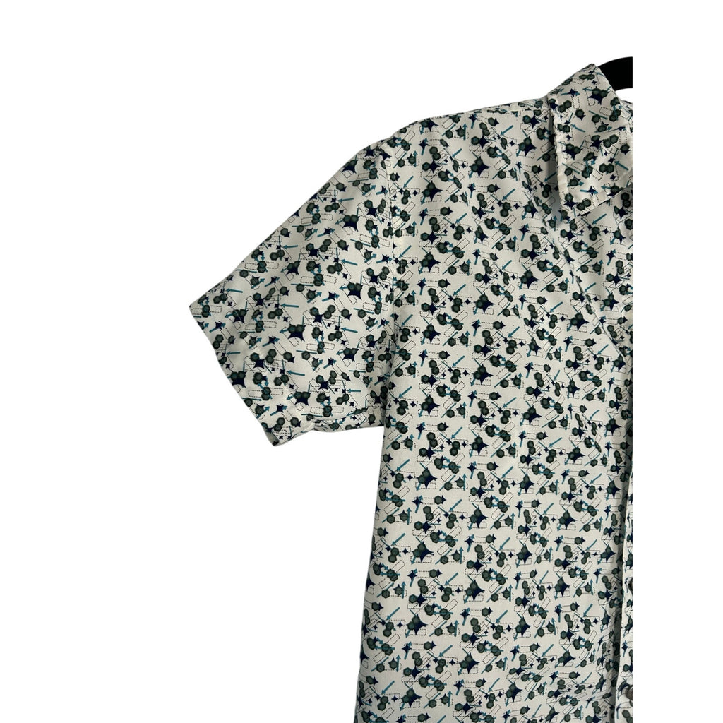 VTG Address Unknown White Teal Navy S Atomic Pattern Retro 90s Mod Poly Button