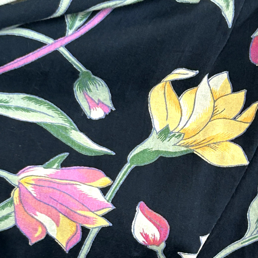 VTG 80s Upcycled M Black Pink Tiered Ruffle Midi Skirt A-Line Floral Boho Pocket
