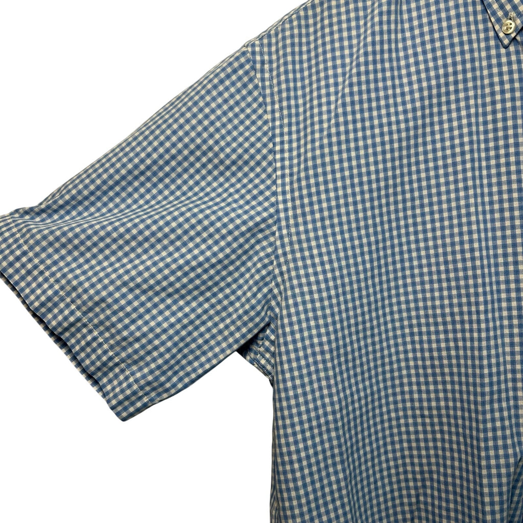 VTG Y2K Arrow Light Blue Gingham Plaid Short Sleeve Button Down Shirt Basics