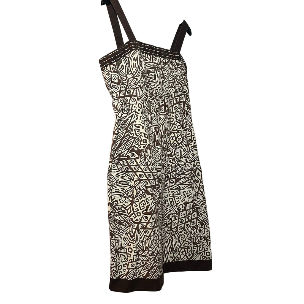 Boho Geometric Print Midi Dress Small Brown Cream Smocked Back Padded Bust Summer