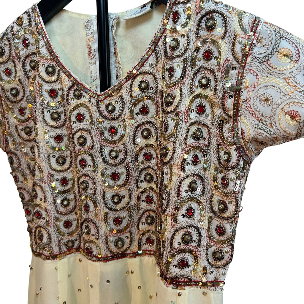 VTG 70s Anmol Indian Metallic Gold Thread Chiffon Dress Boho Whimsigoth XXS