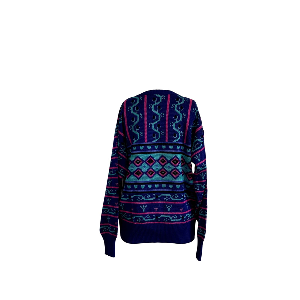 VTG 80s Meister M Purple Teal Maximalist Patterned Wool Knit Retro Cozy Sweater
