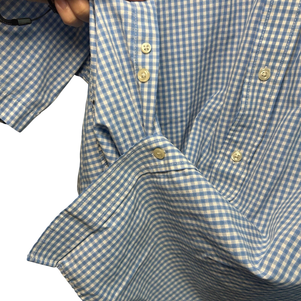 VTG Y2K Arrow Light Blue Gingham Plaid Short Sleeve Button Down Shirt Basics