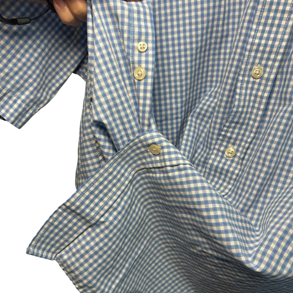VTG Y2K Arrow Light Blue Gingham Plaid Short Sleeve Button Down Shirt Basics