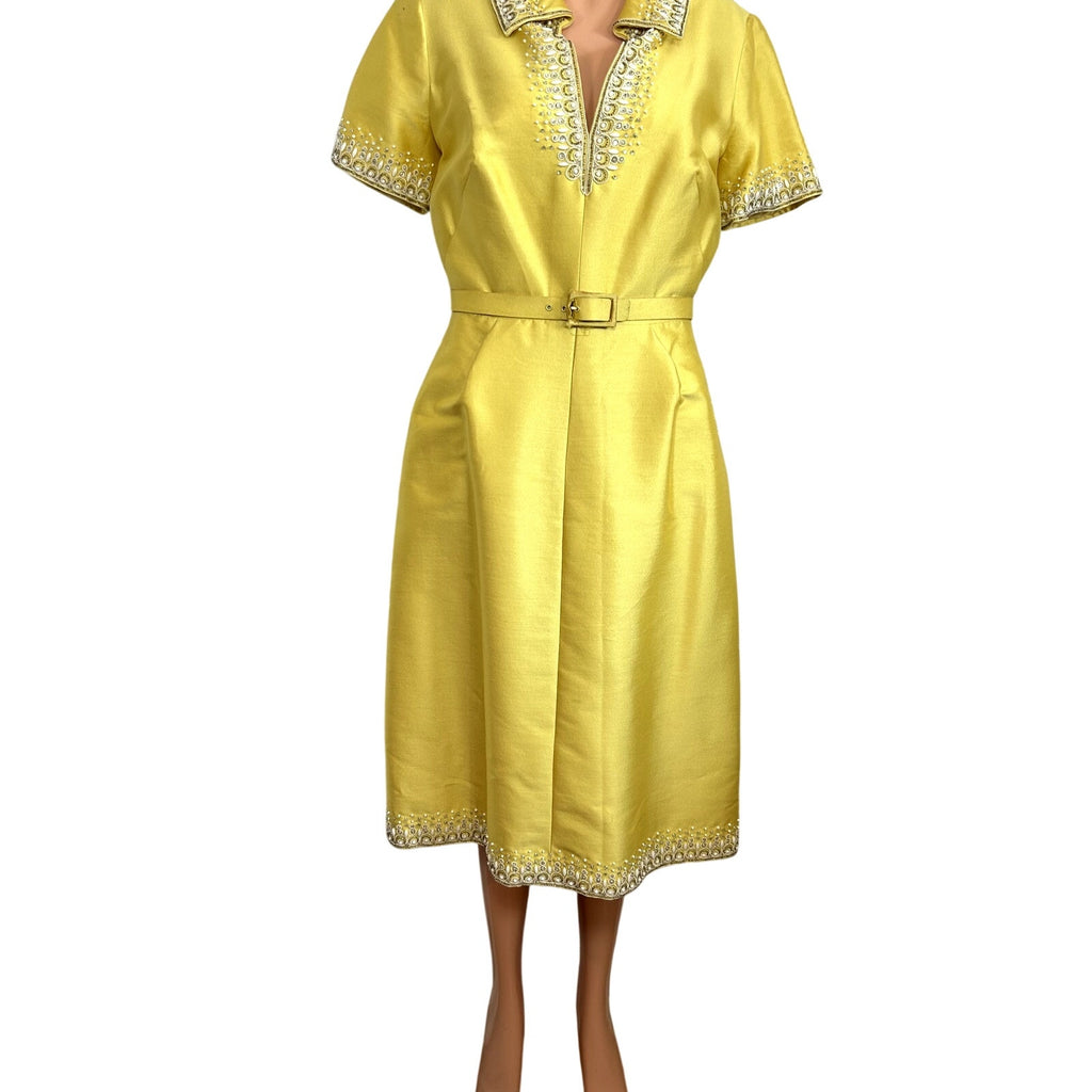 VTG 60s Sir Norman Hartnell S Yellow Beaded Wool Silk Couture Regency Midi Dress