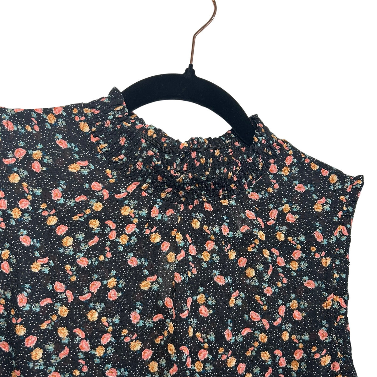 Black Pink Floral Sleeveless Mock Neck M Smocked Top Ruffle Y2K Romantic Goth