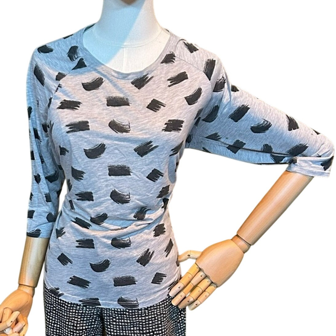 H&M Gray Black Brushstroke Print 3/4 Sleeve Scoop Neck Top Size L Very Soft