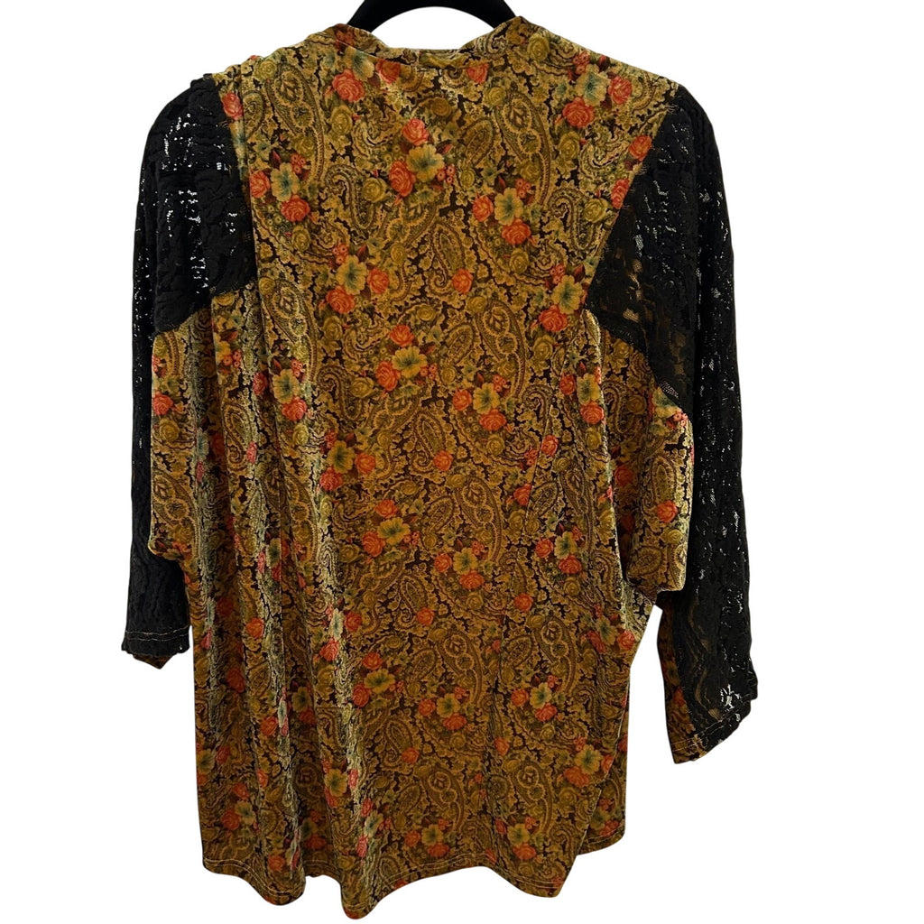 Mystree Whimsygoth Velvet Paisley Cardigan Black Lace Sleeve Dark Floral Boho M