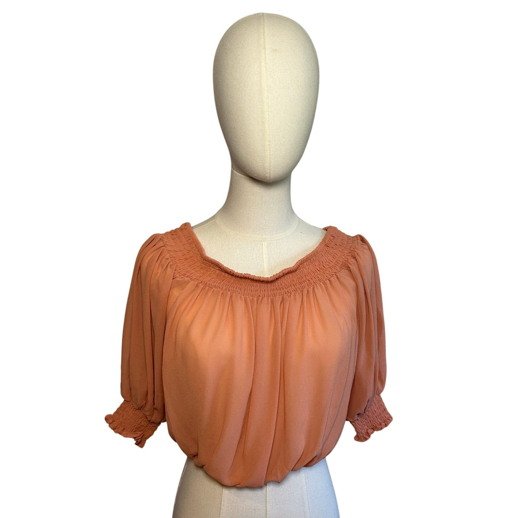 Peach Sheer Chiffon Smocked Cropped M Blouse Fairycore  Coquette Whimsigoth Boho