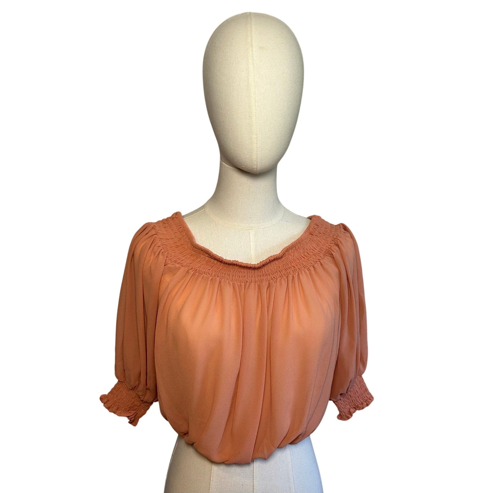 Peach Sheer Chiffon Smocked Cropped M Blouse Fairycore  Coquette Whimsigoth Boho