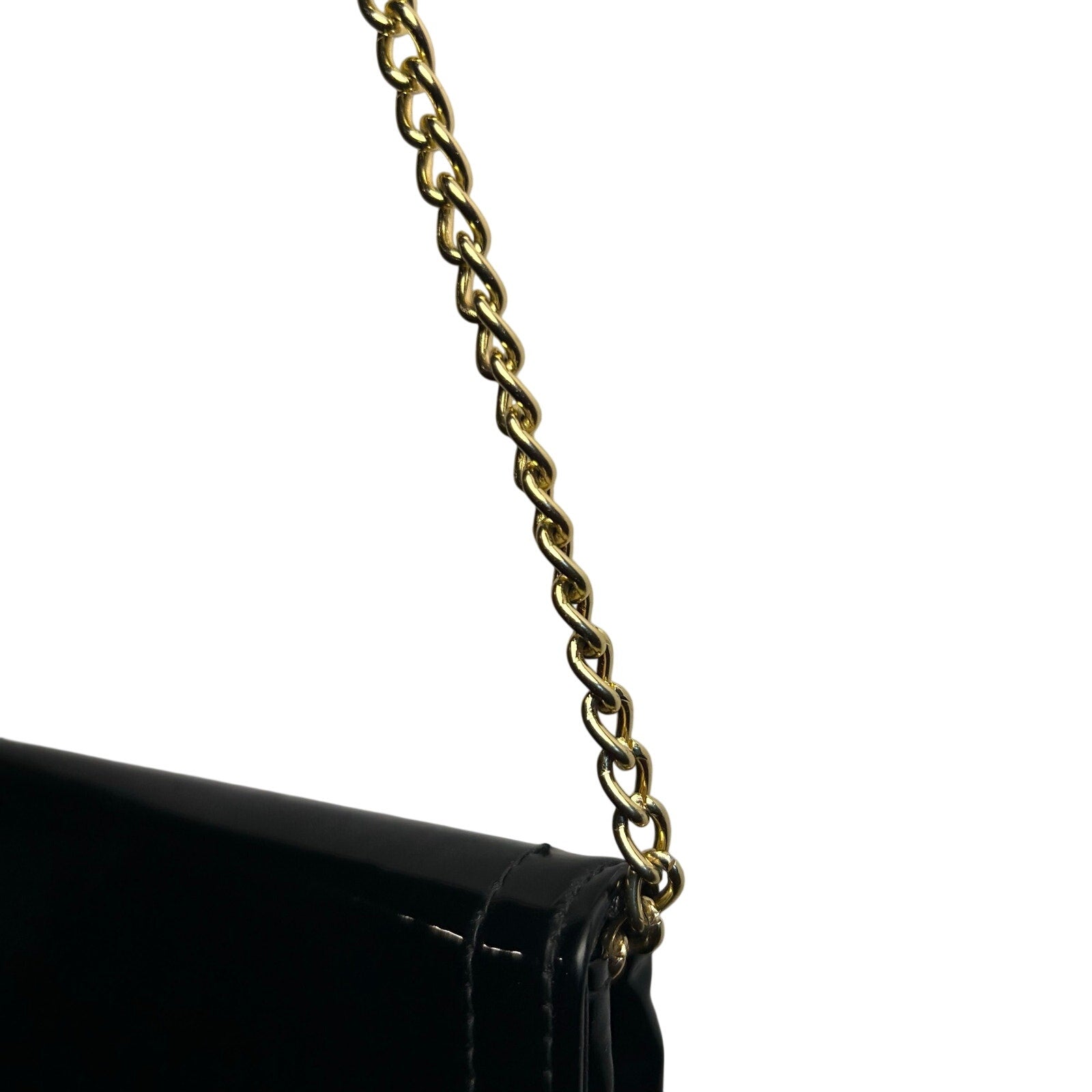 VTG 70s Patent Leather Black Gold Chain Convertible Clutch Shoulder Bag Purse